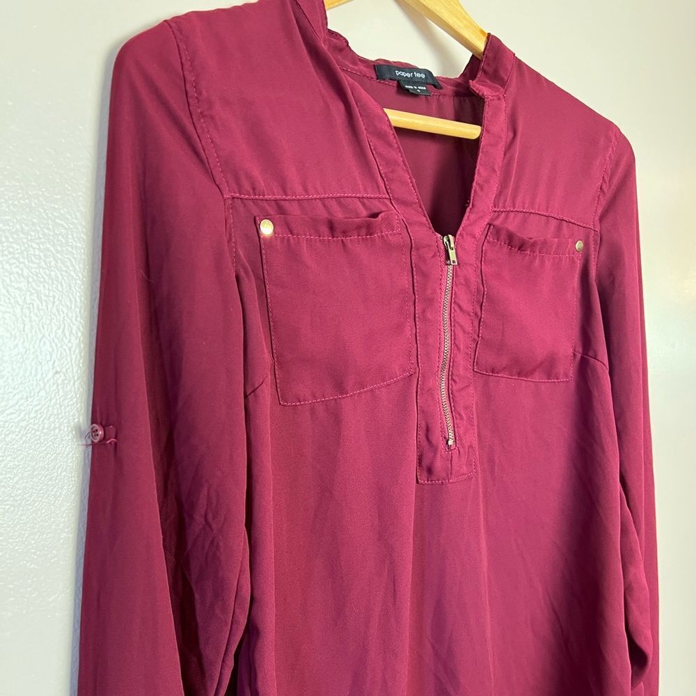 CLEAROUT! Burgundy Paper Tee 1/2 Zip Blouse Size S EUC - Picture 3 of 4